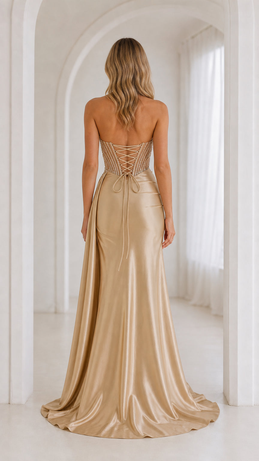 Back view of champagne evening gown showcasing lace-up corset detail