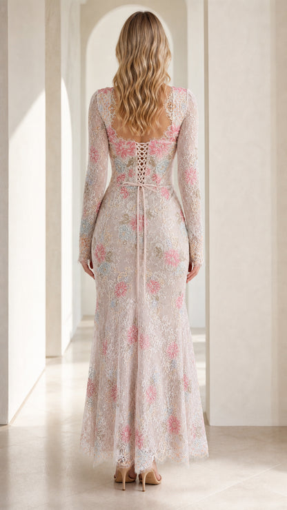 Back view showcasing lace-up corset detail on White dress