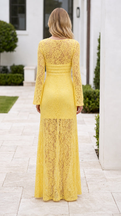 Back view of yellow lace maxi dress