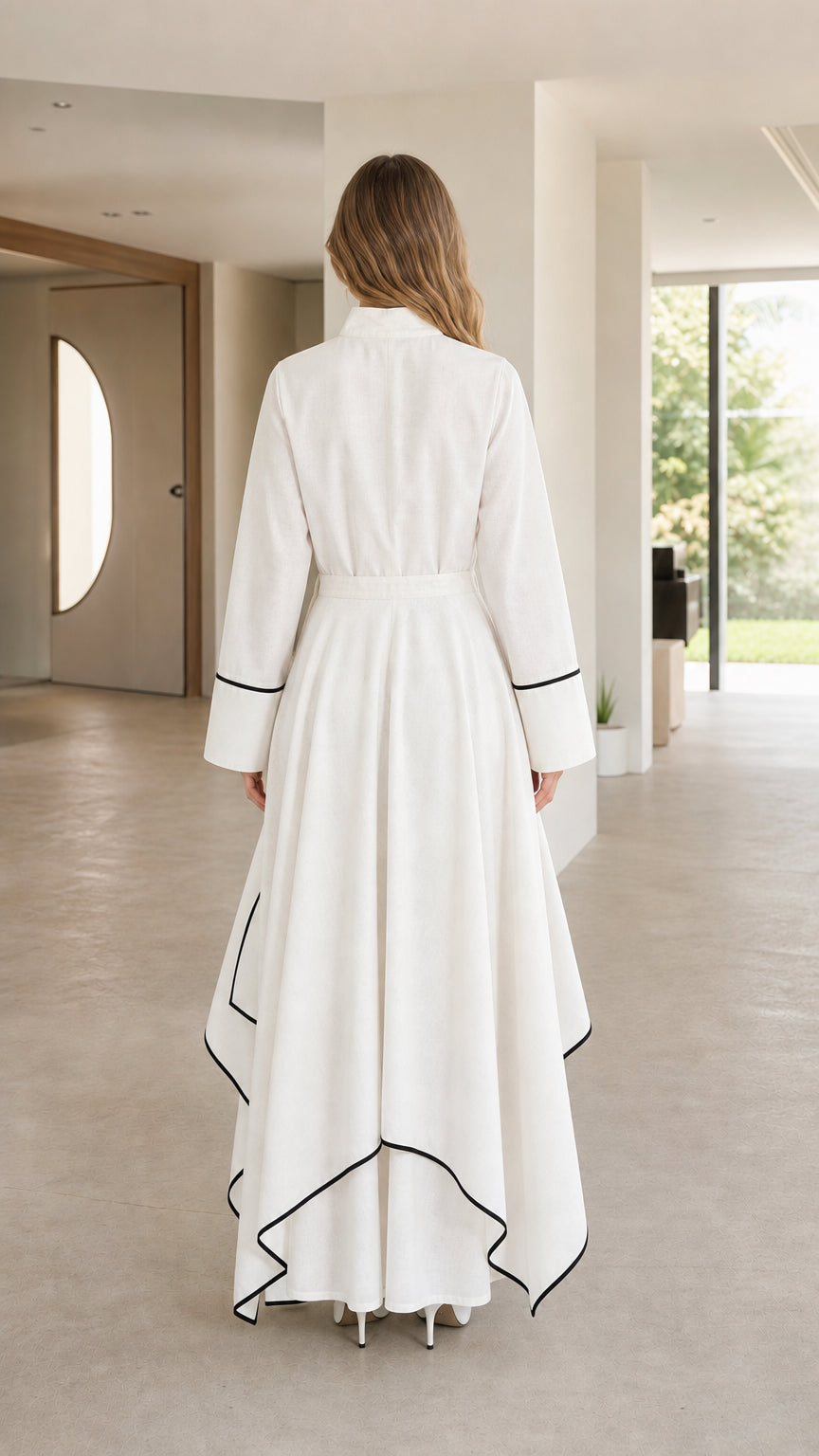 Back view of white maxi dress with flowing asymmetric hemline