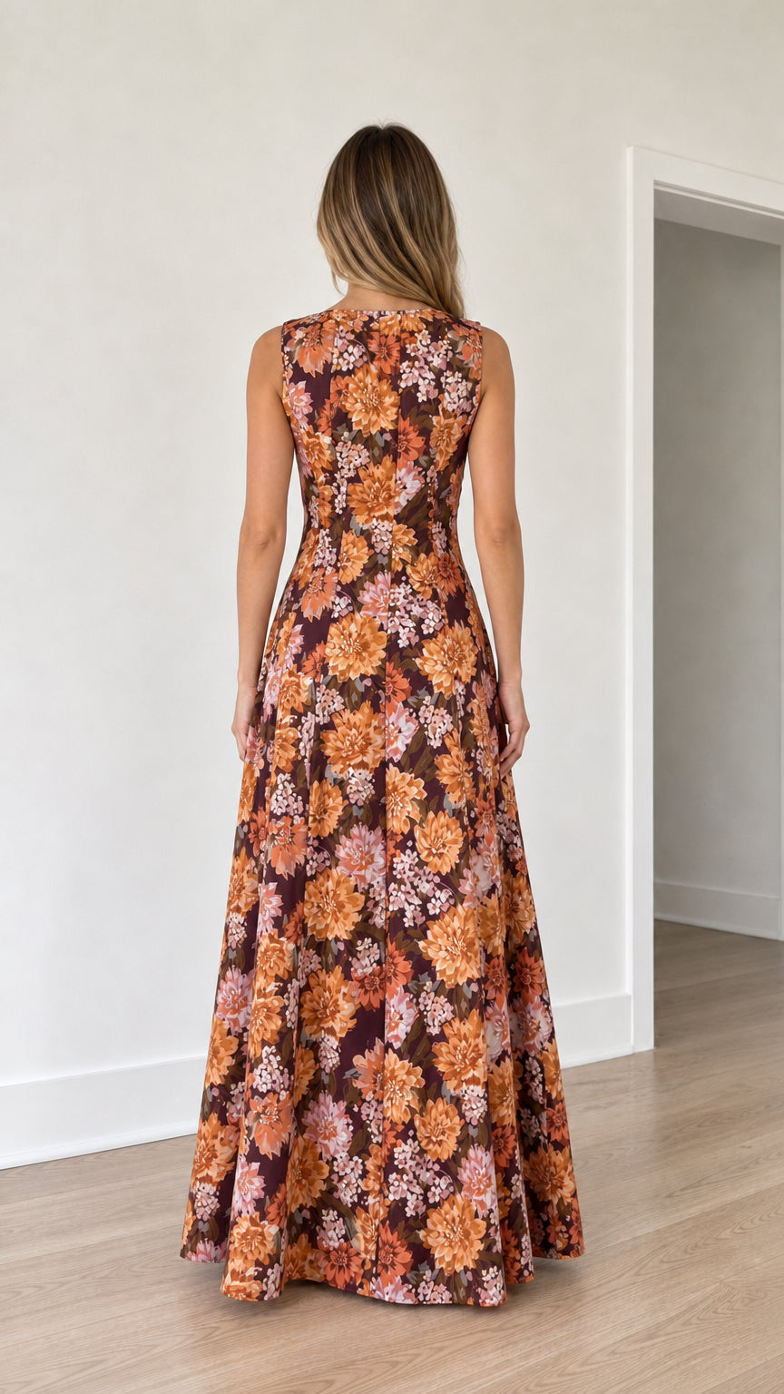 Back view of woman wearing burgundy floral print maxi dress