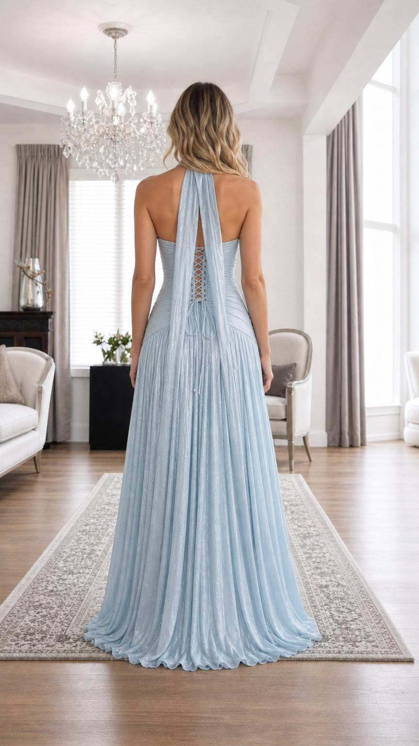 Elegance Halter Neck Pleated Maxi Dress in Light Blue back view