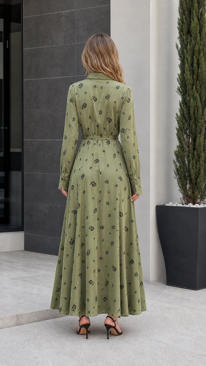 Back view of sage green floral maxi dress