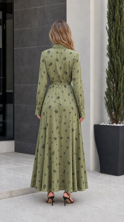 Back view of sage green floral maxi dress