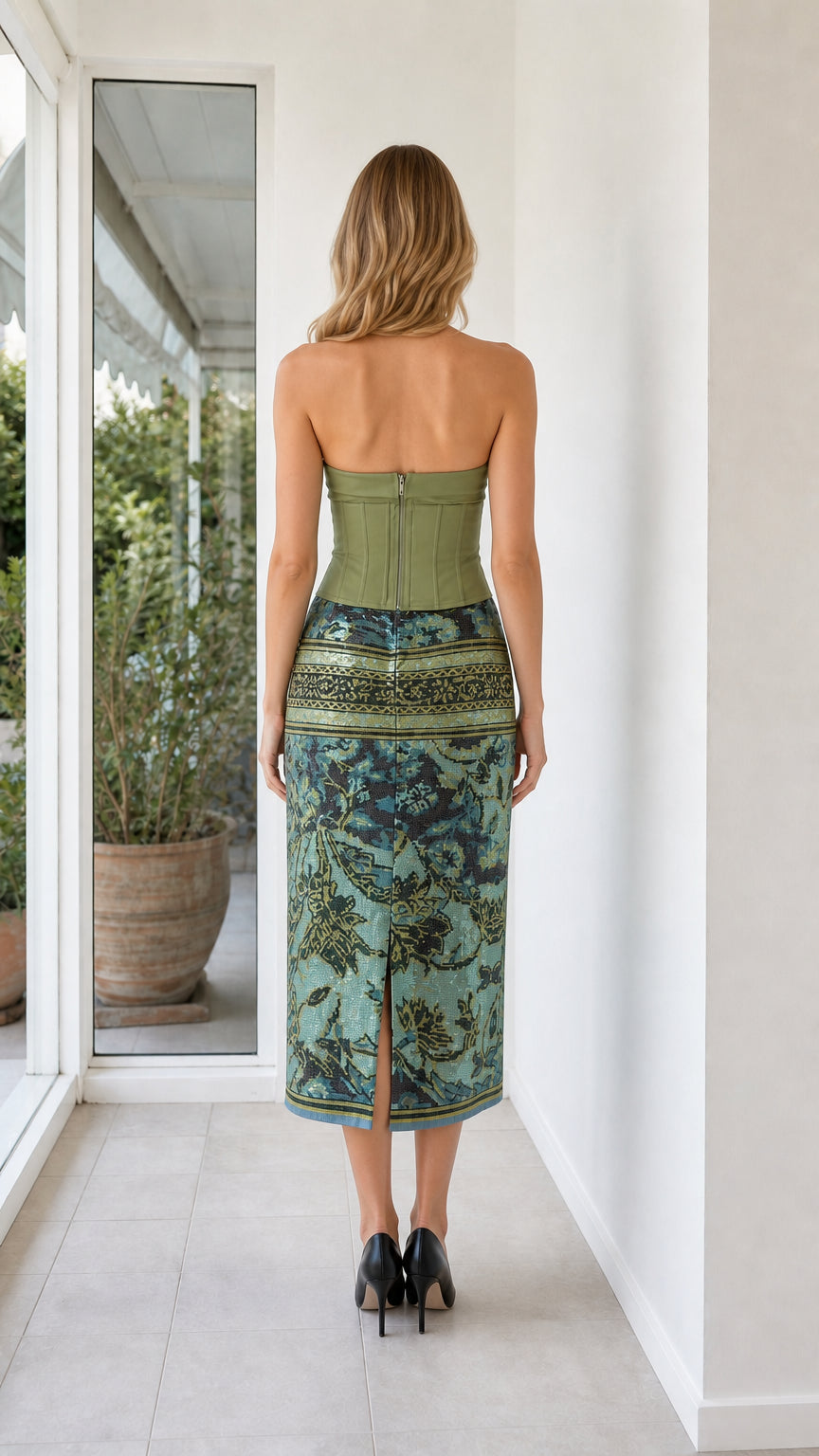 Back view of model wearing sage green two-piece set with back slit detail