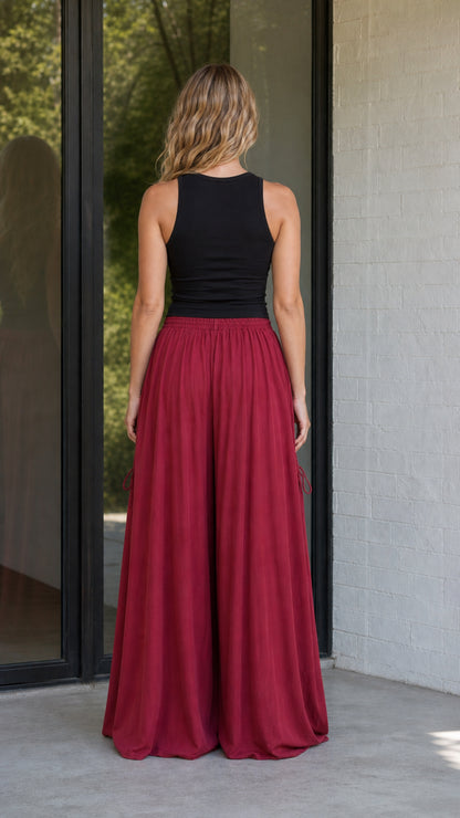 Back view of burgundy wide-leg pants