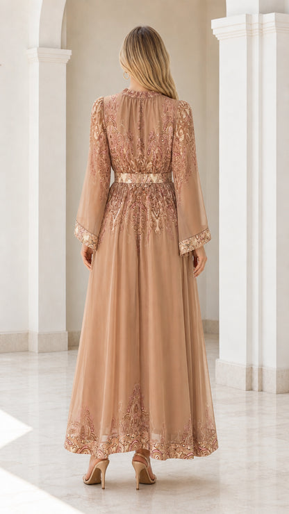 Back view of camel paisley maxi dress