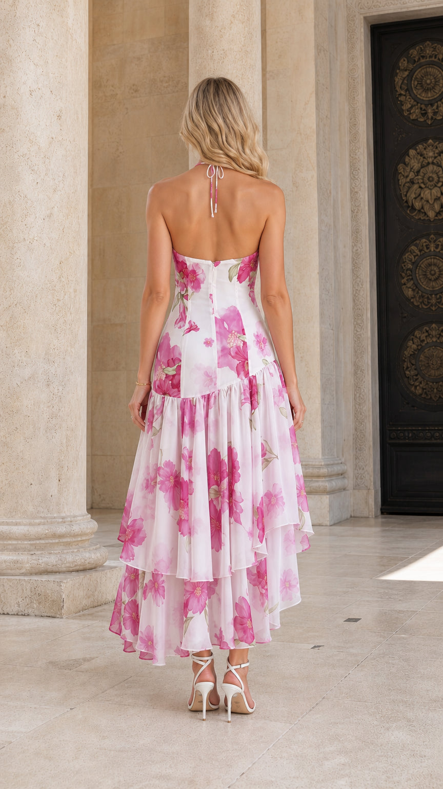 Model wearing white floral halter high-low maxi dress from back view