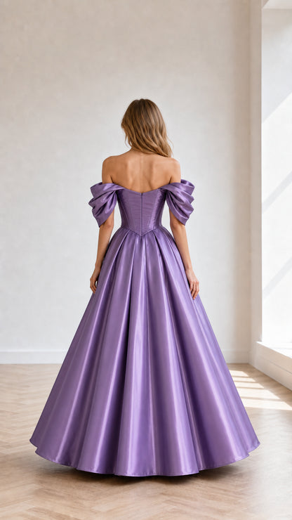 Lavender floor-length ball gown shown from the back