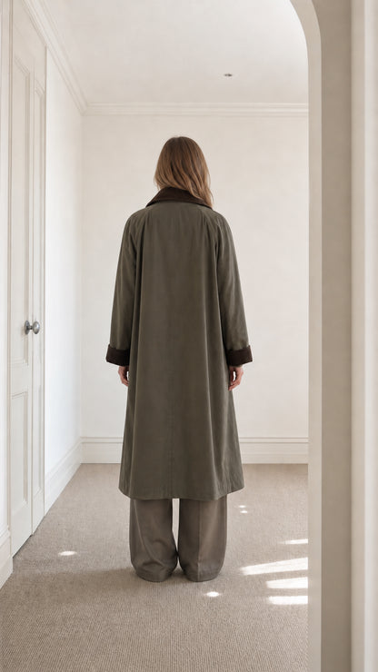 Back view of model in Olive Green contrast collar maxi duster coat