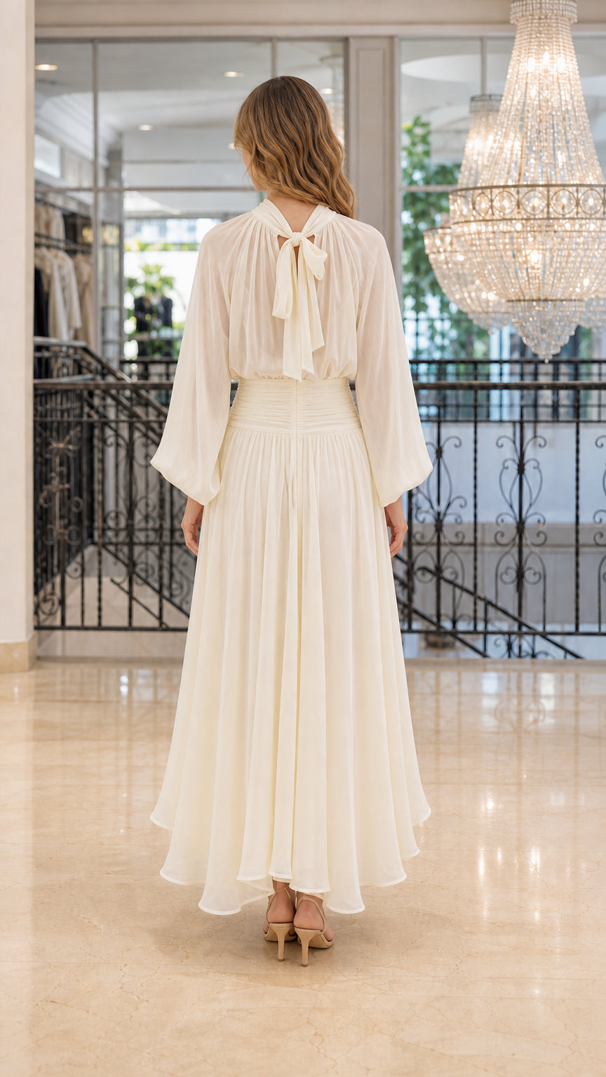 Back view of Ivory maxi dress showing self-tie bow detail