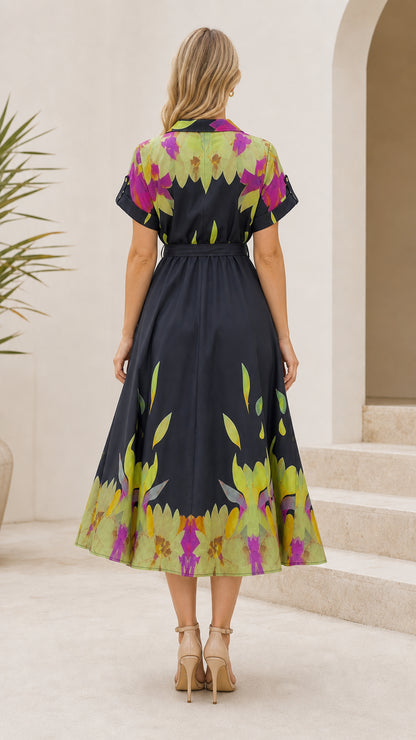 Back view of black floral print short-sleeve shirt dress