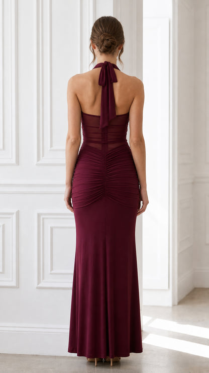Back view showing halter neck ties and back styling