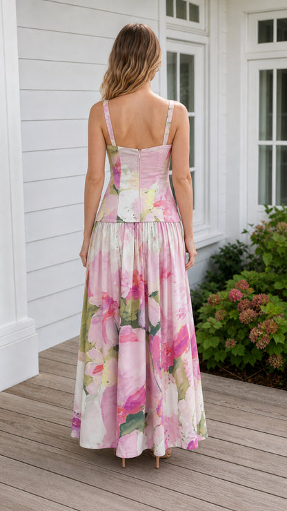 Back view of model in pink floral maxi dress