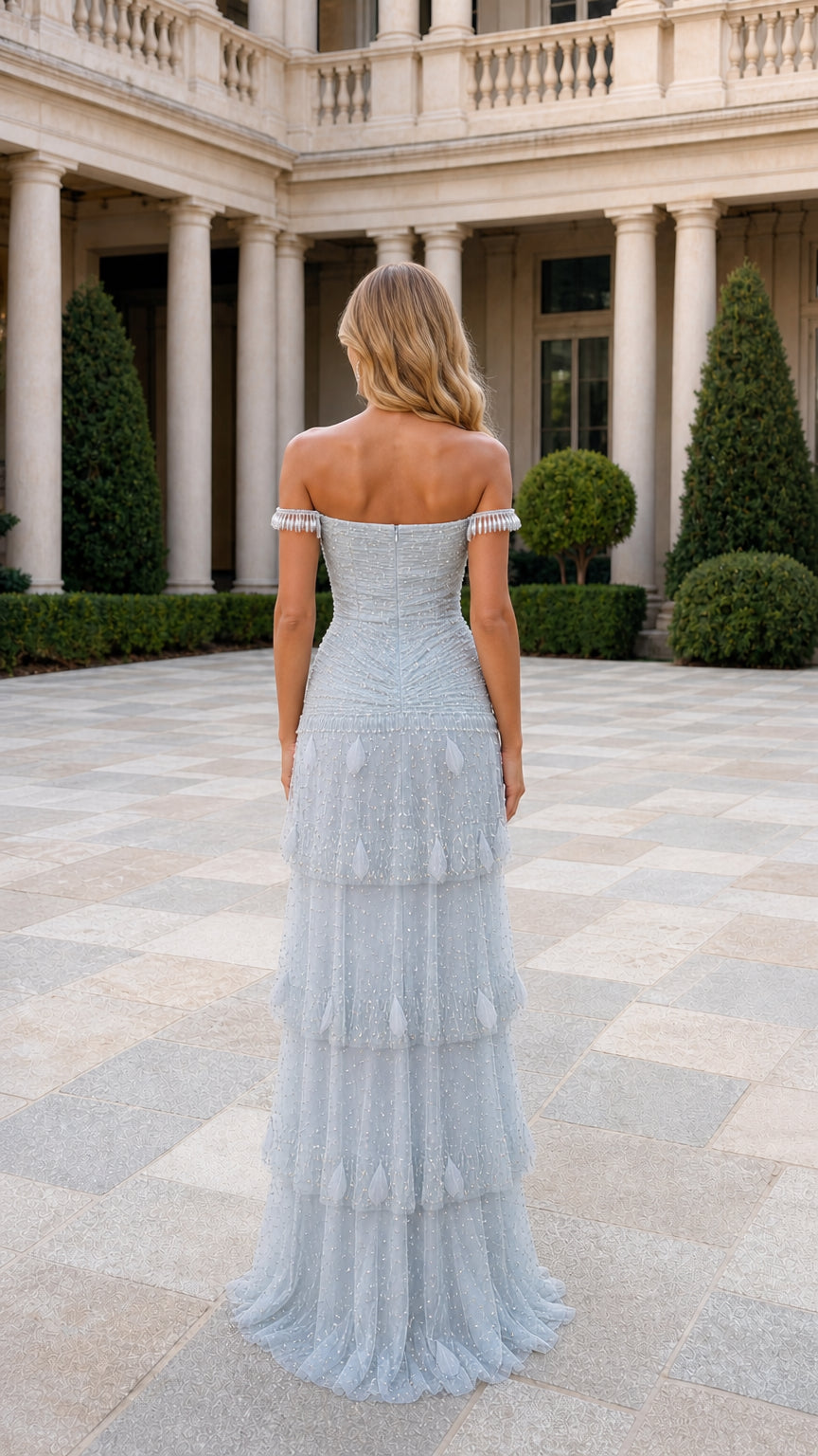 Back view of light blue evening dress