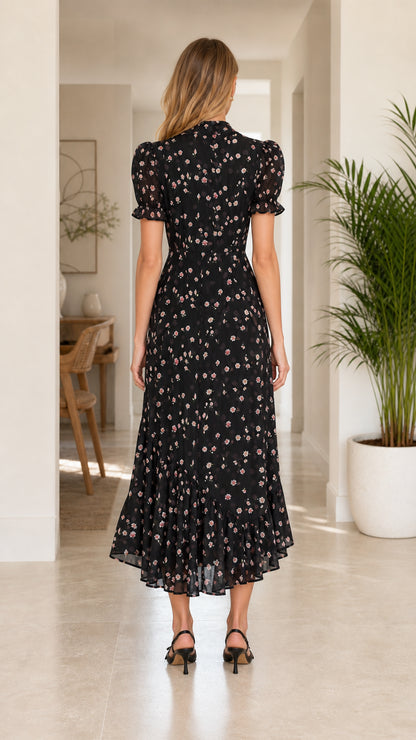 Back view of woman wearing black floral midi dress with puff sleeves