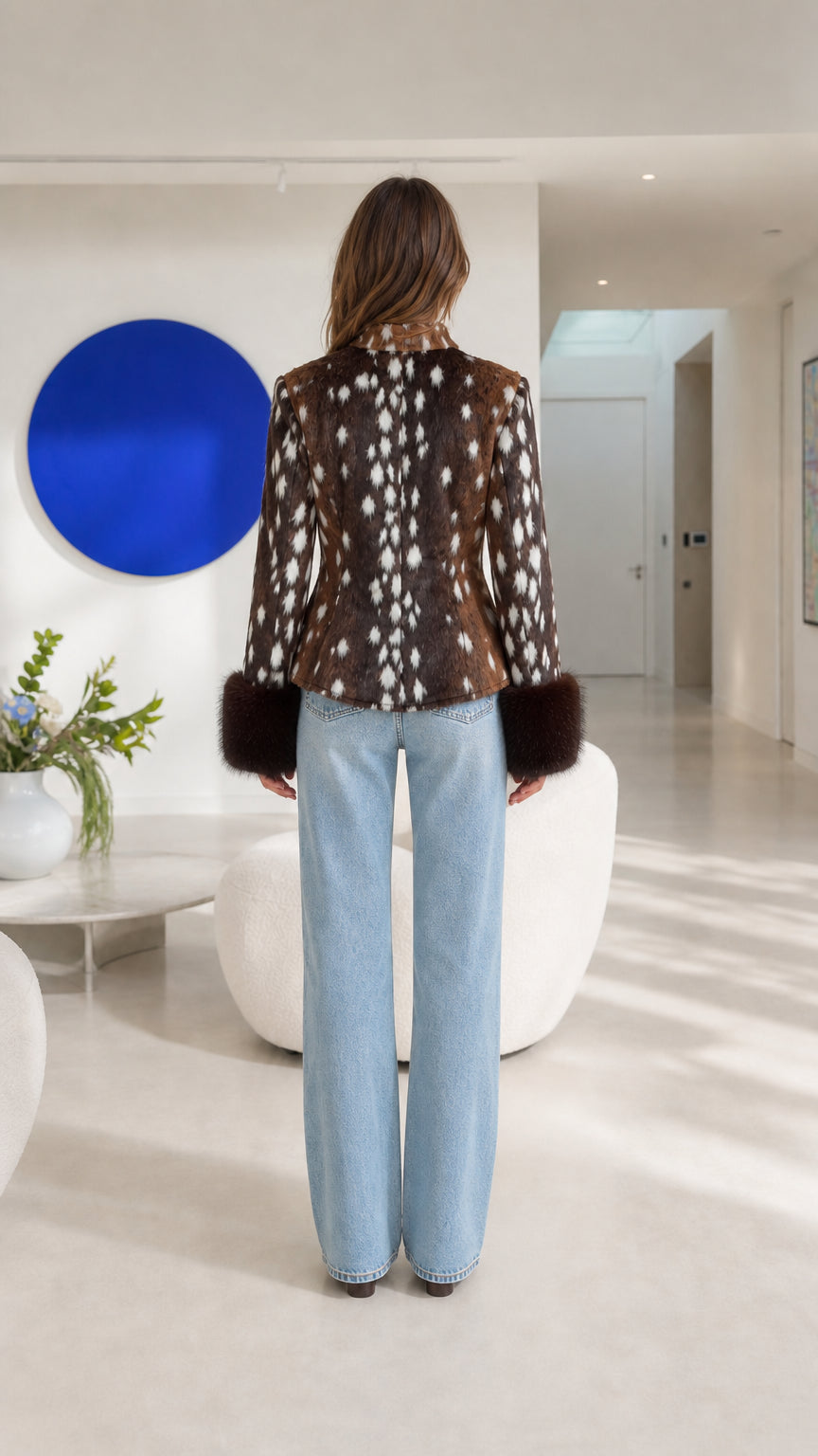 Back view of model wearing brown faux fur jacket