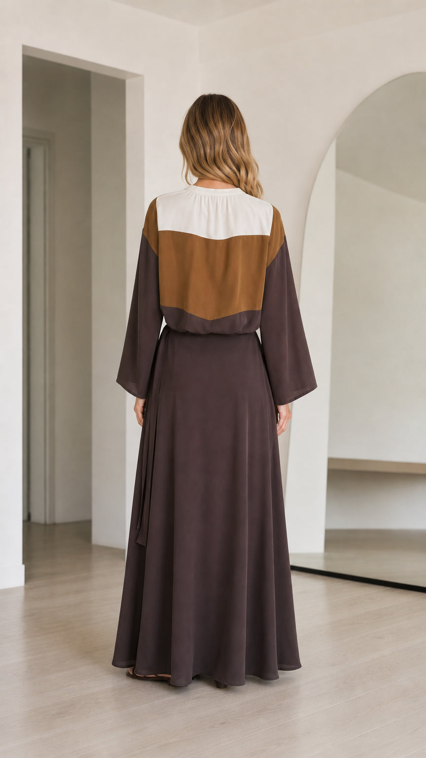 Back view of model wearing Brown Colorblock long sleeve maxi dress