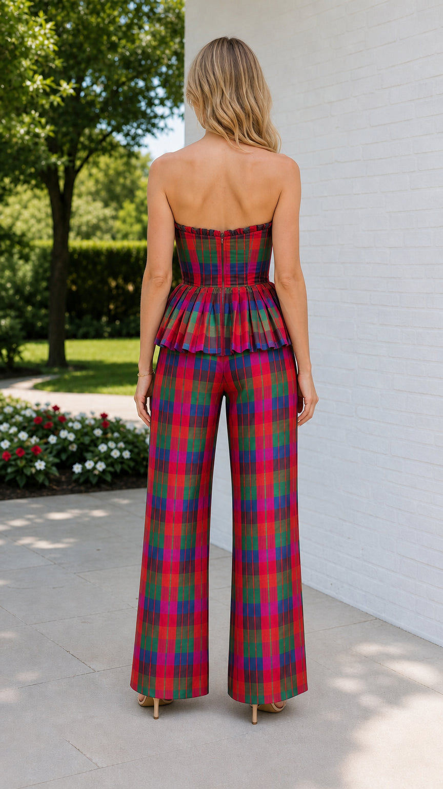 Back view of model in multi-color plaid set