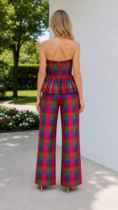 Back view of model in multi-color plaid set