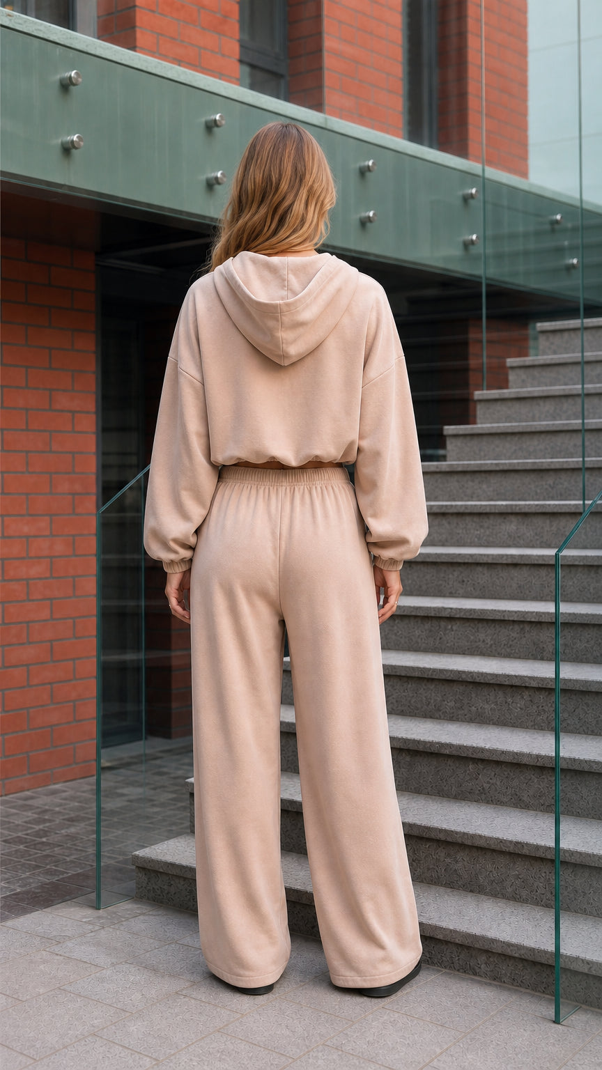 Back view of the beige women's hooded two-piece lounge set
