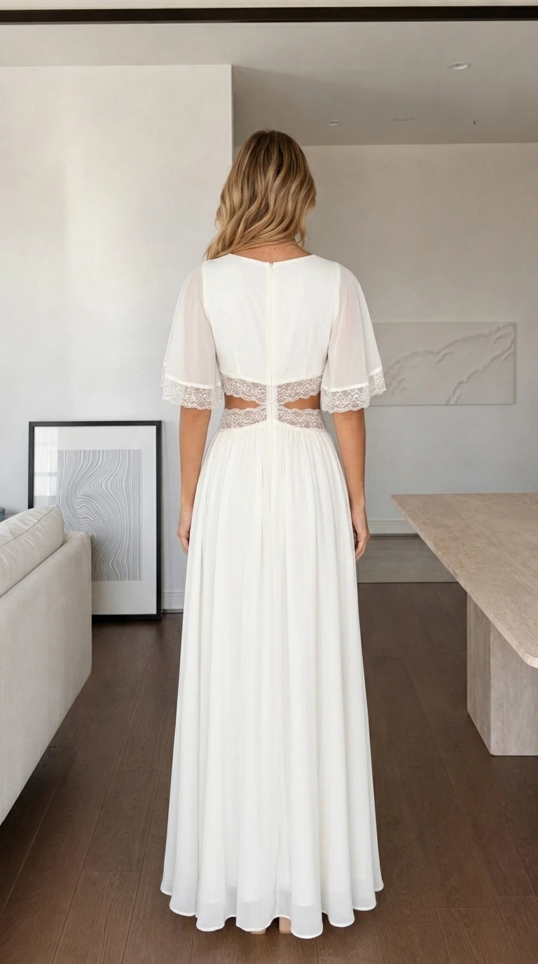 Back view of woman showing back details of white maxi dress