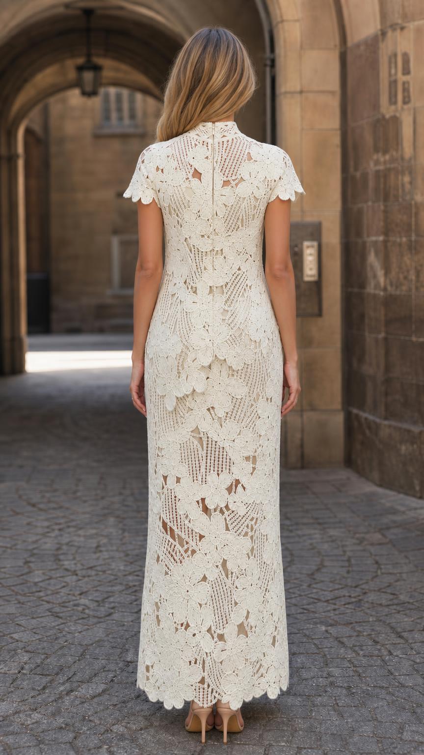 Back view of ivory lace maxi dress showing button detail