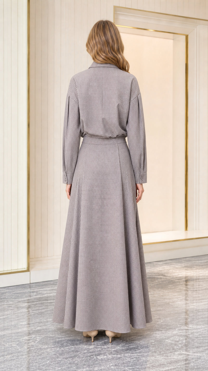 Back view of model in grey houndstooth long sleeve maxi dress