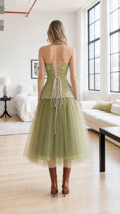 Back view showcasing lace-up corset detail on sage green set