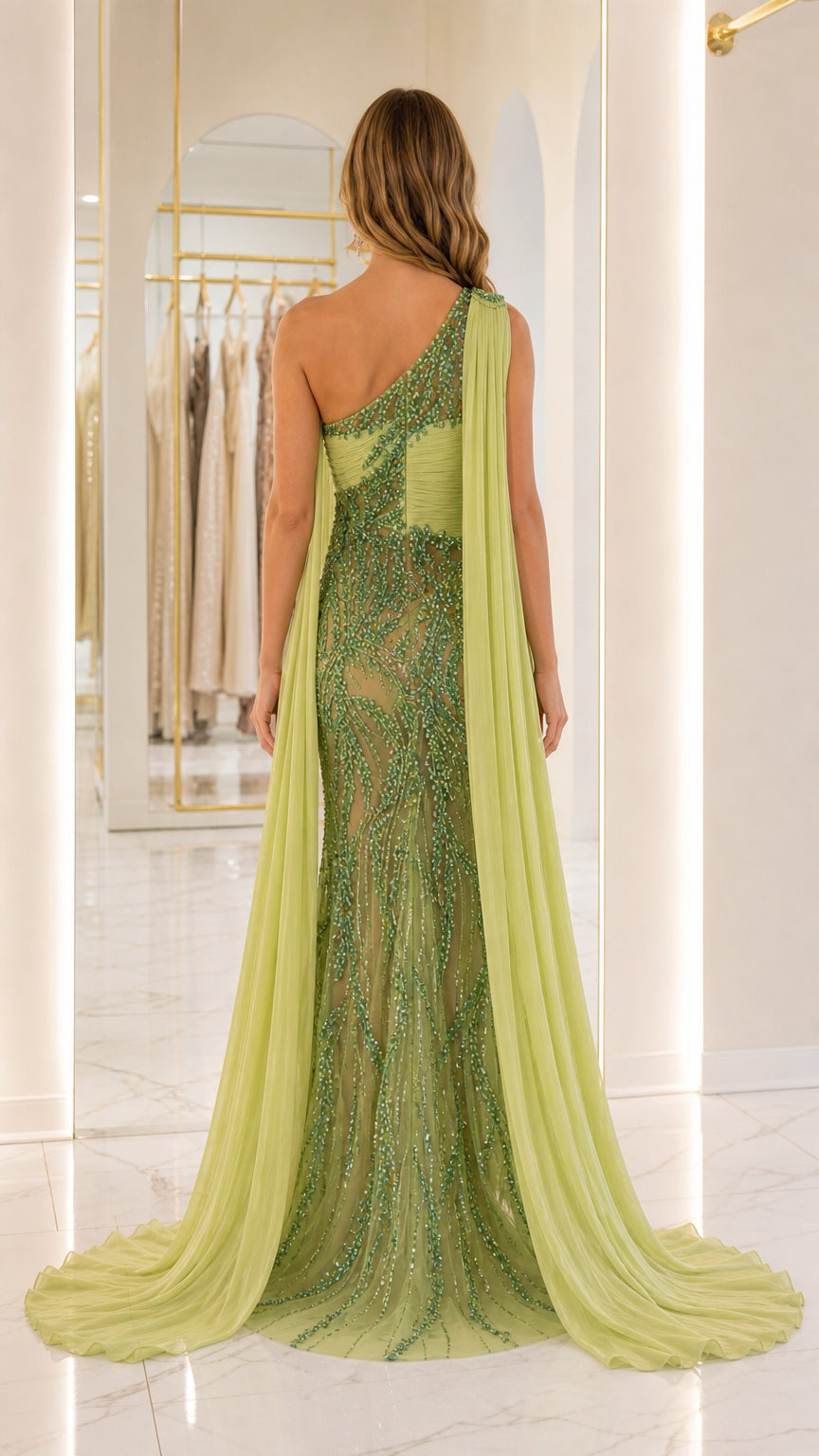 Back view of sage green formal dress with sweep train