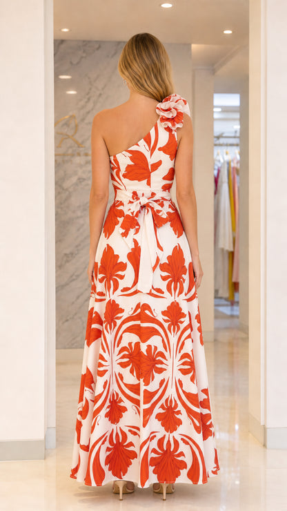 Back view showcasing back tie detail on floral maxi dress