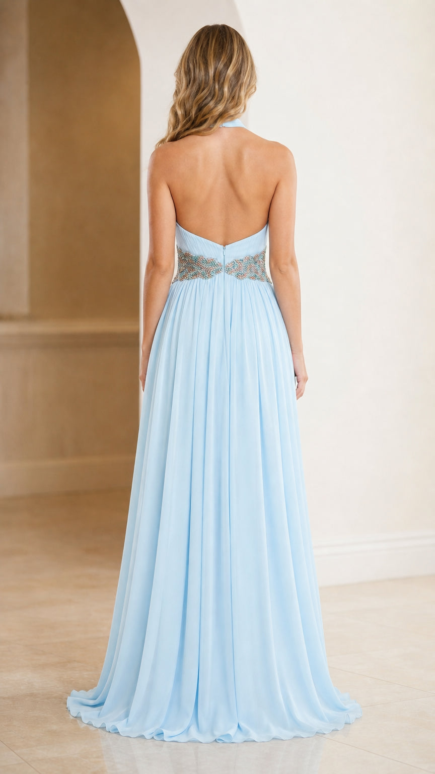 Back view of light blue evening dress showing open back