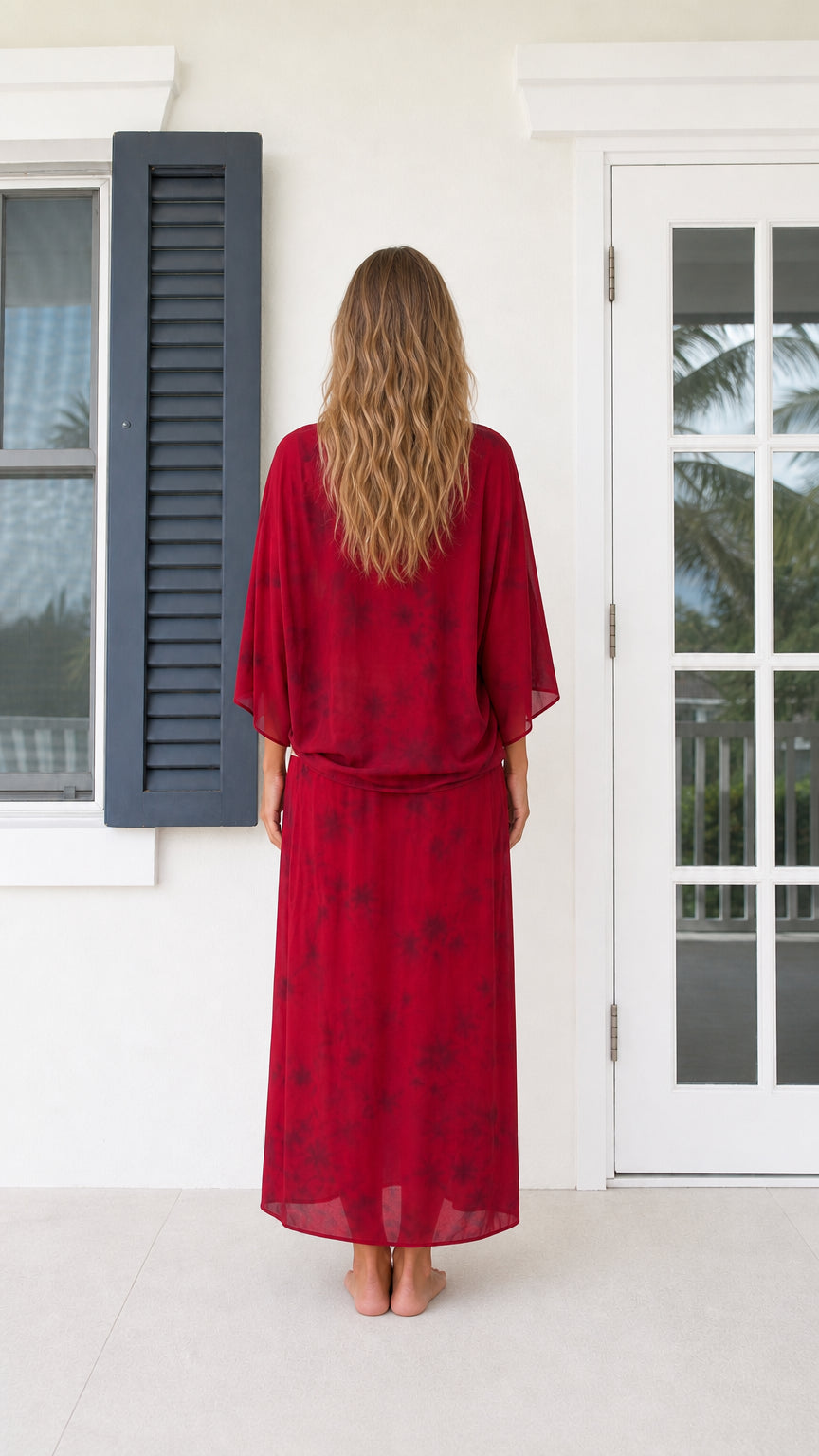 Back view of model in Wine Red relaxed kimono maxi dress