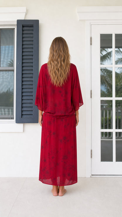 Back view of model in Wine Red relaxed kimono maxi dress