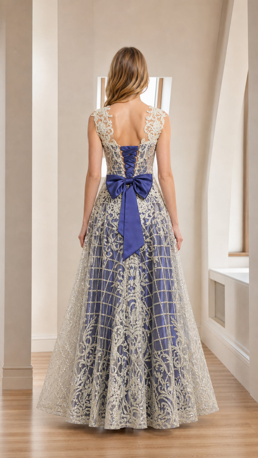 Back view of blue evening gown showing back bow detail