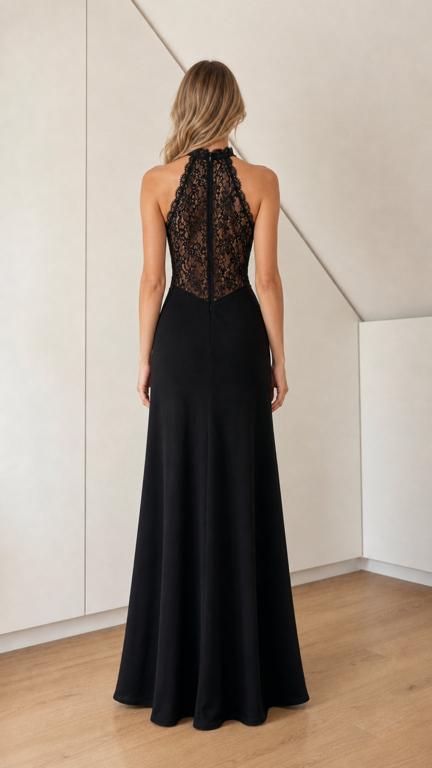 Back view of black racerback lace bodice formal maxi dress