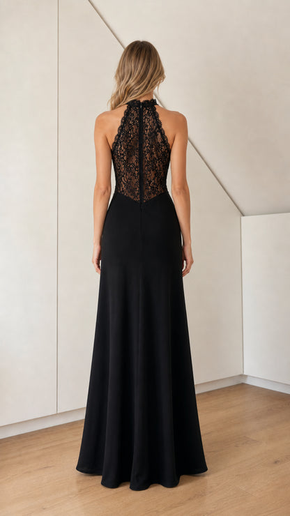 Back view of black racerback lace bodice formal maxi dress