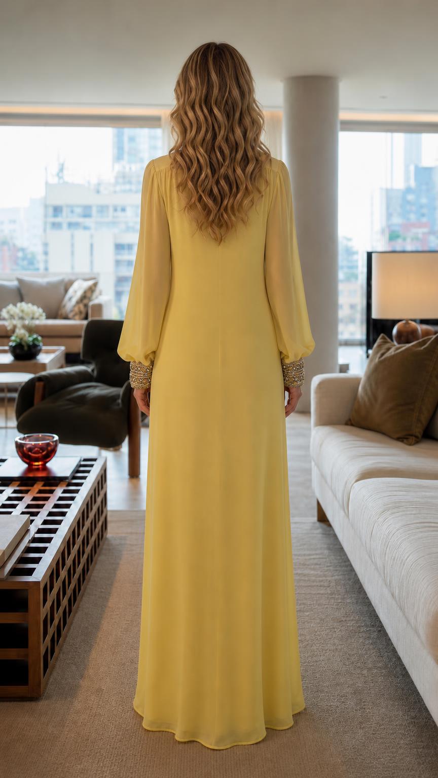 Back view of woman wearing yellow embroidered maxi dress