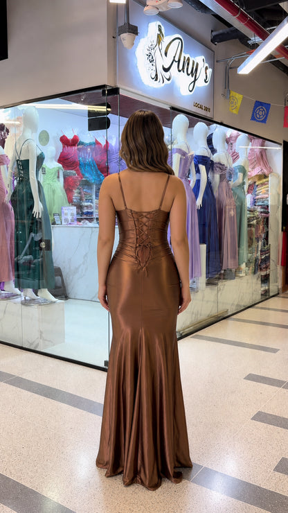 Back view of brown gown featuring lace-up corset closure