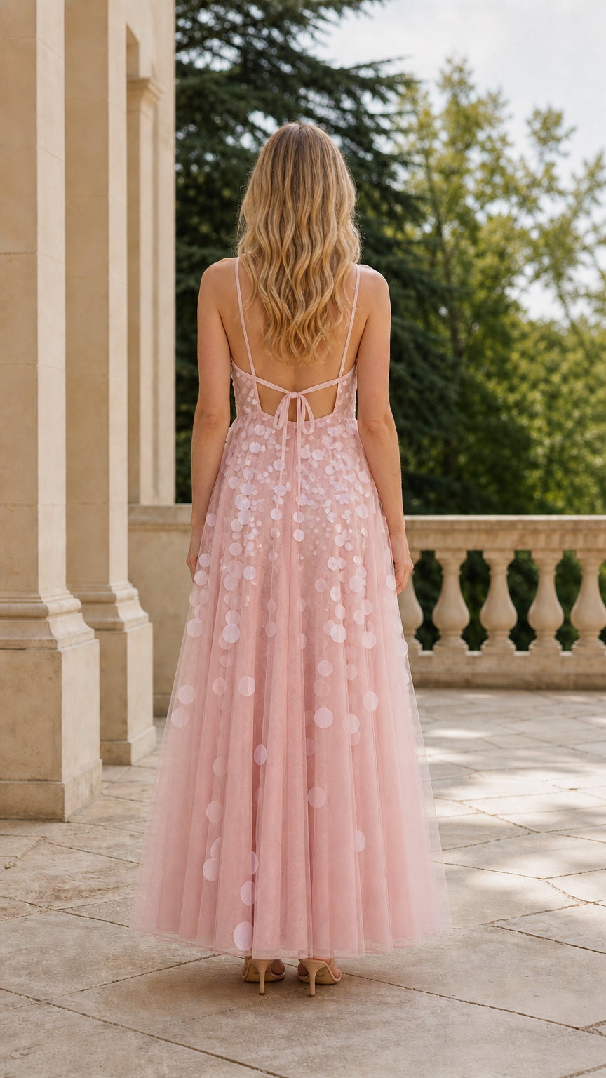 Back view showcasing open back and tie detail of pink dress