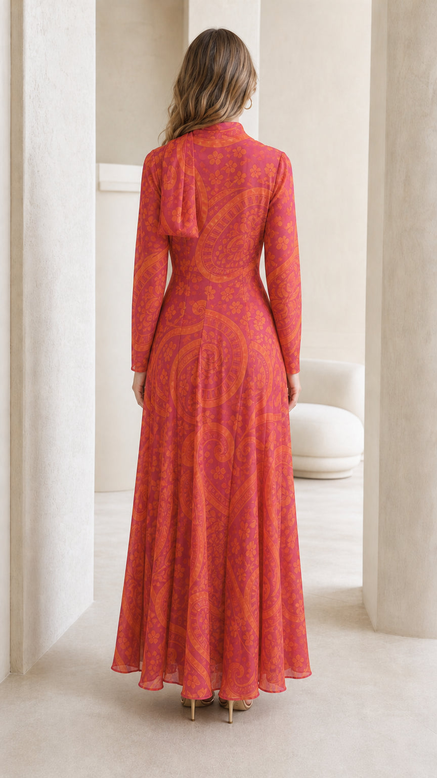 Model wearing pink paisley maxi dress, back view