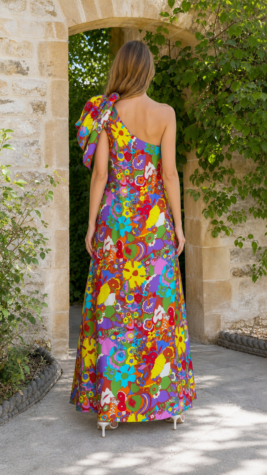 Back view of model in multi floral maxi dress