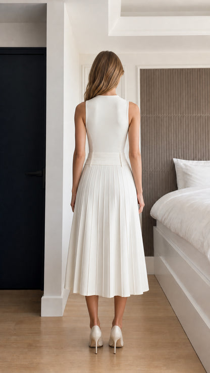 Back view of model wearing white sleeveless pleated dress
