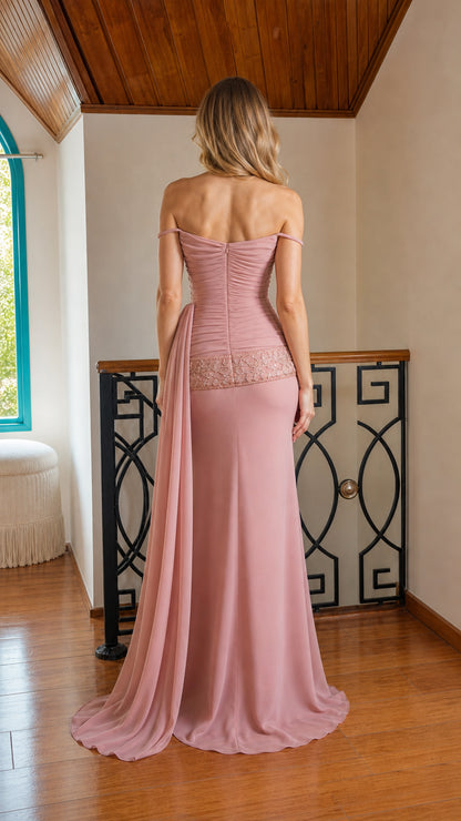 Back view of dusty rose evening dress featuring back ruching detail