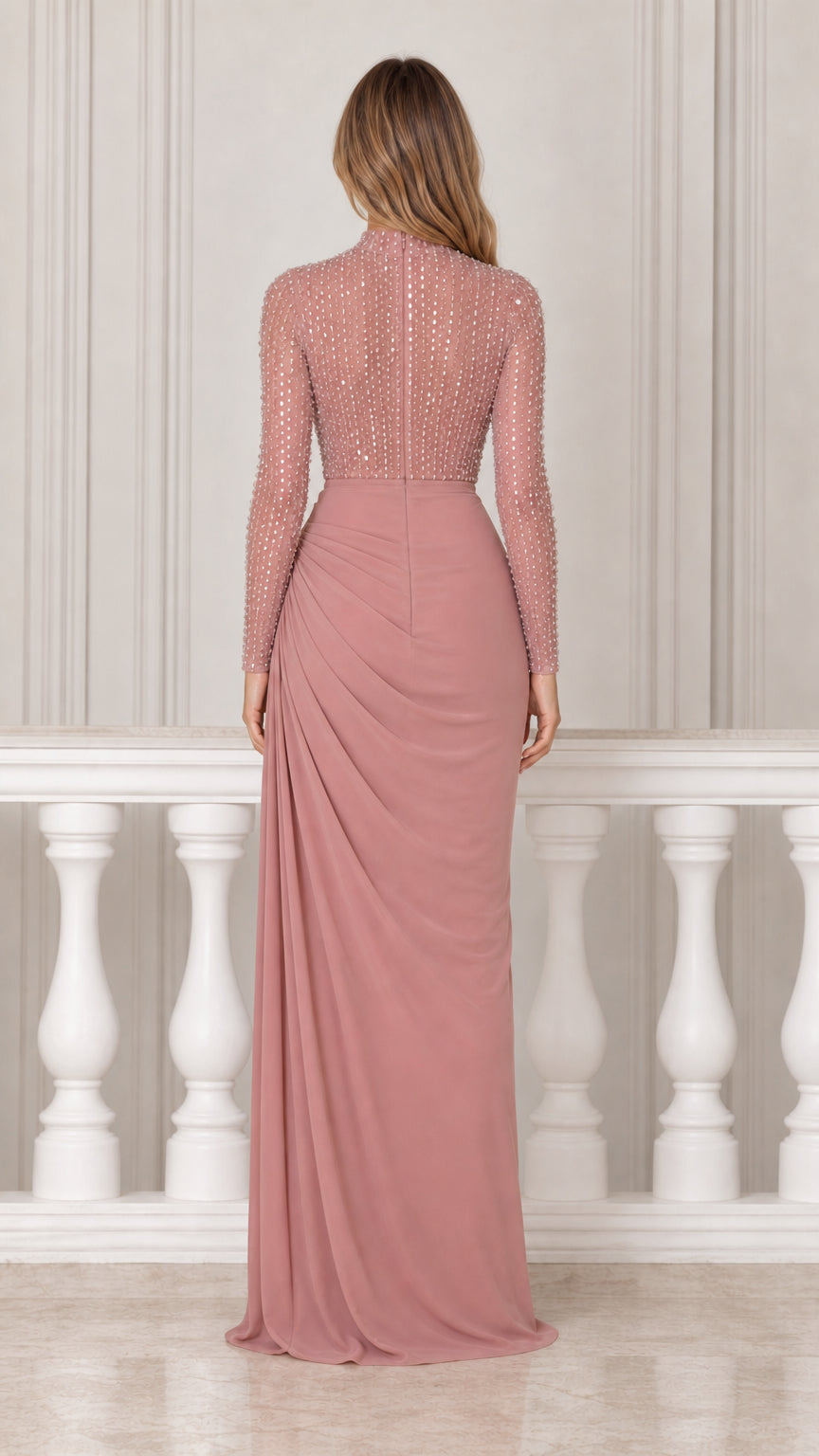 Back view of Dusty Rose formal dress showing sheer beaded back