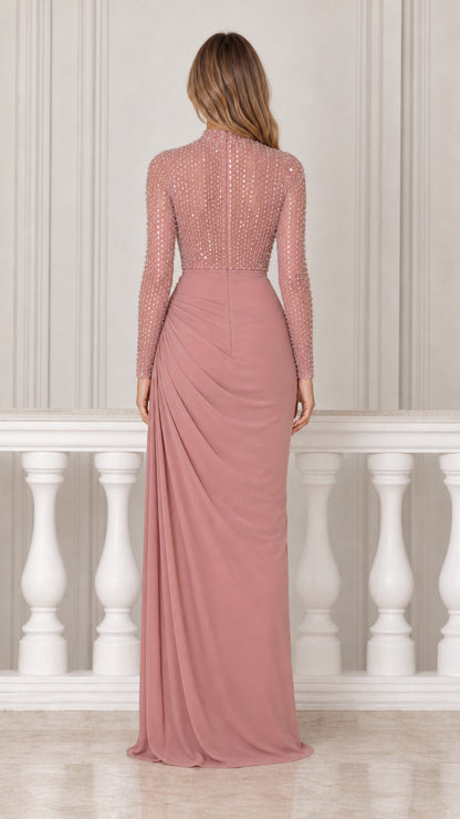 Back view of Dusty Rose formal dress showing sheer beaded back