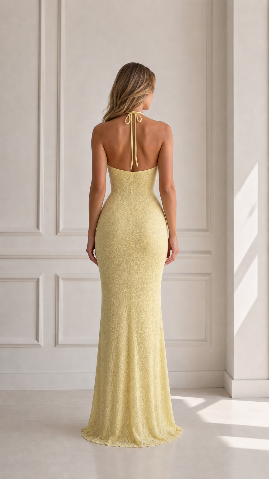 Butter Yellow open back halter maxi dress rear view