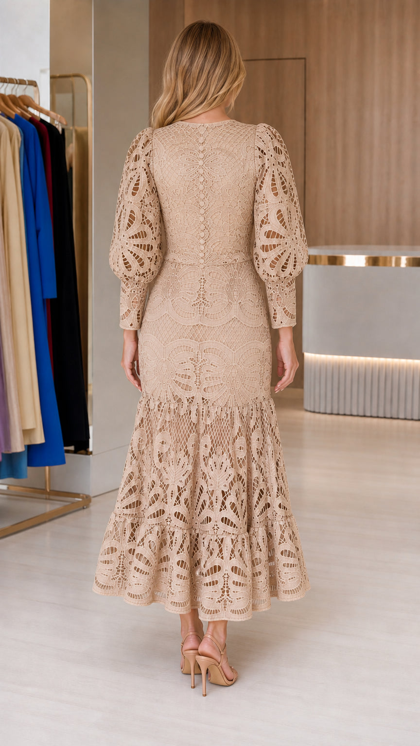 Back view of model wearing beige crochet lace midi dress
