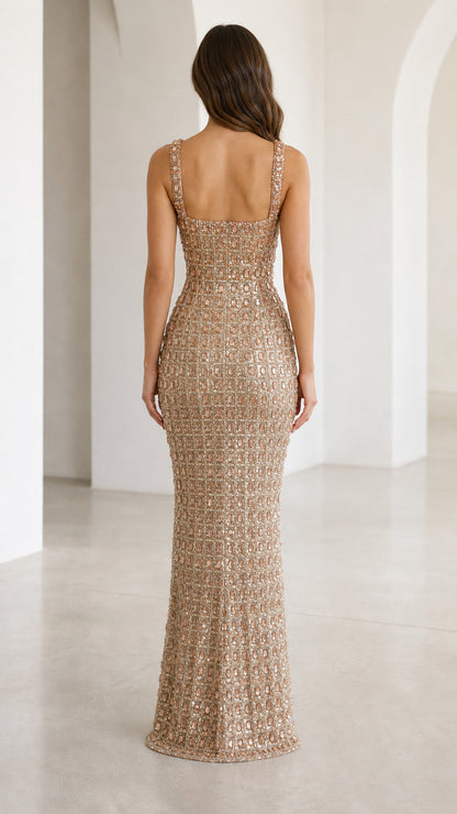 Back view showing structured fit of champagne beaded dress