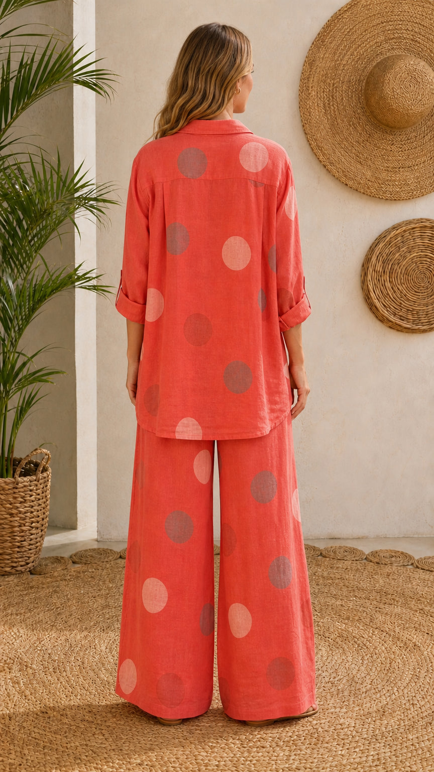 Back view of model wearing coral polka dot collared tunic and wide-leg trousers